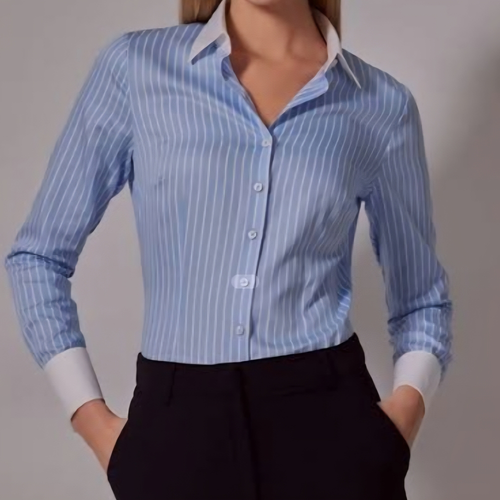 Blue and White Fitted Button Down Shirt with Cuffed Sleeves